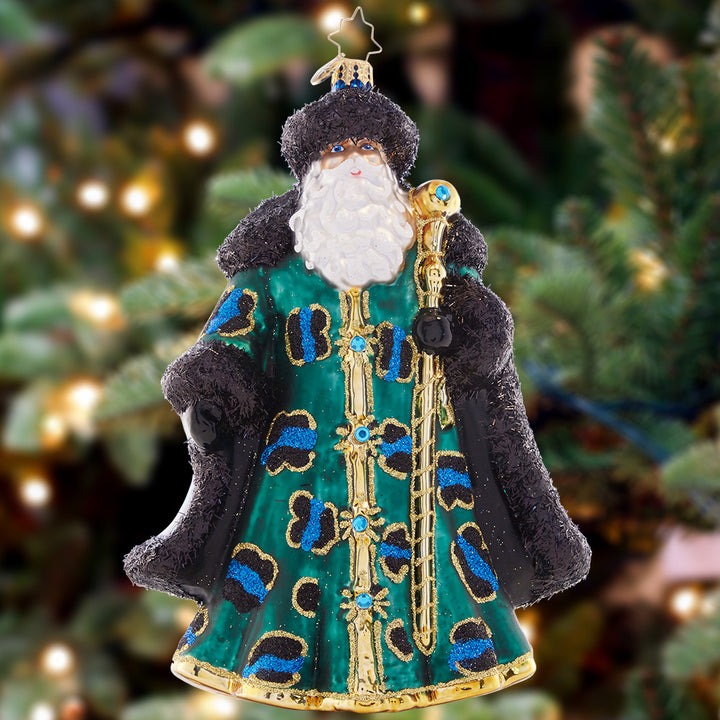 Ornament Description - Fierce & Fashionable Santa: Striking as ever in a fur-lined, leopard-spotted robe, this swanky Santa is ready for the most glamorous of Christmas soirées.