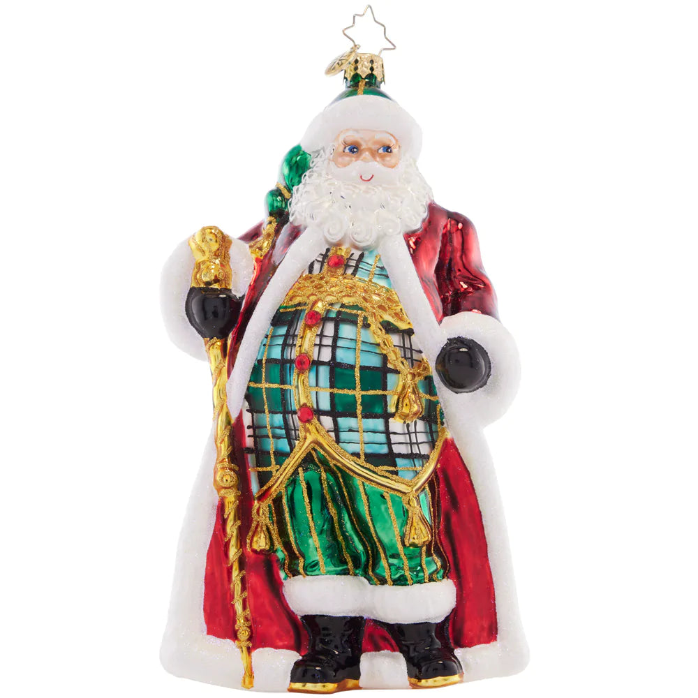 Front - Ornament Description - Clad in Plaid: A new twist on classic style, this Santa is looking posh in his perfectly plaid vest, pants, and hat. He's still rocking his traditional red coat, but made extra special with gilded embellishments.