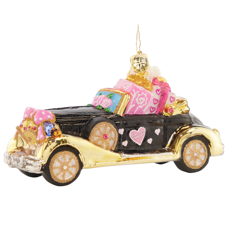 Front - Ornament Description - Just Married Roadster: If you see this heart-covered automobile driving down the road, you know what that means… A happy couple just got hitched! Honor the newlyweds in your life with this sweet ride.