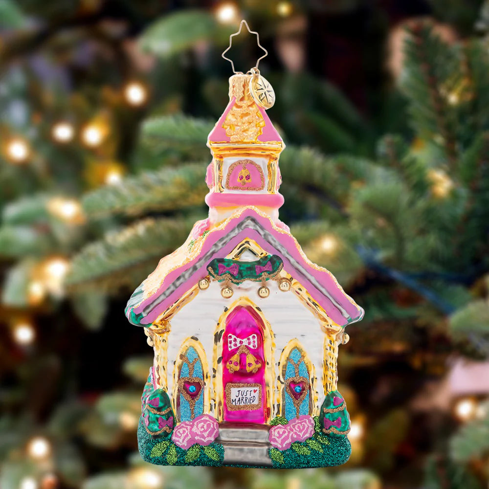 Ornament Description - Charming Wedding Chapel: This cute little chapel is full of charm and cheer, with wedding bells ringing for all to hear.