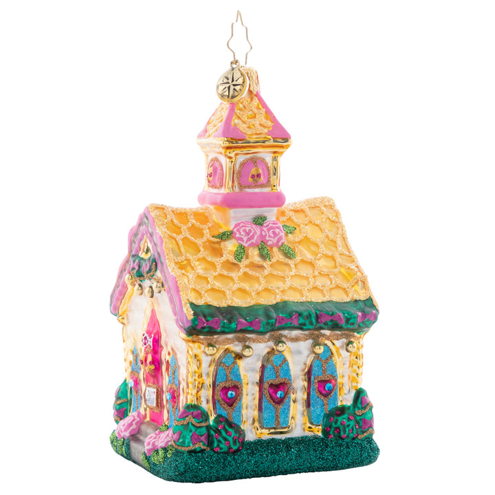 Side View - Ornament Description - Charming Wedding Chapel: This cute little chapel is full of charm and cheer, with wedding bells ringing for all to hear.
