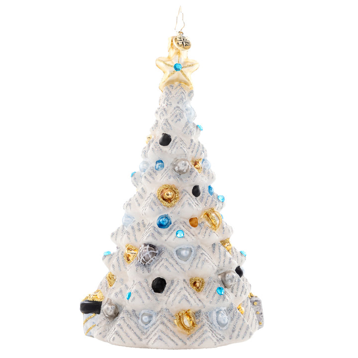 Back - Ornament Description - Sparkling Winter Spruce: A special snow-white spruce sparkles with baubles and jewels, making for a unique and dazzling sight this Christmas.