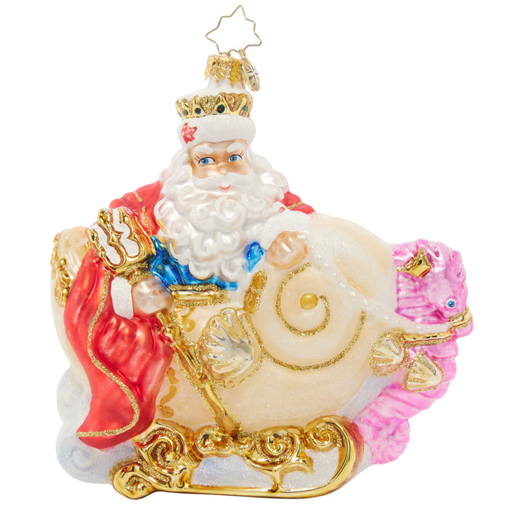 Ornament Description - Sea King Santa: Toting a magnificent trident, this nautical Santa rides in a shell sleigh pulled by his seahorse stallion. Decorated as can be, king of the sea!