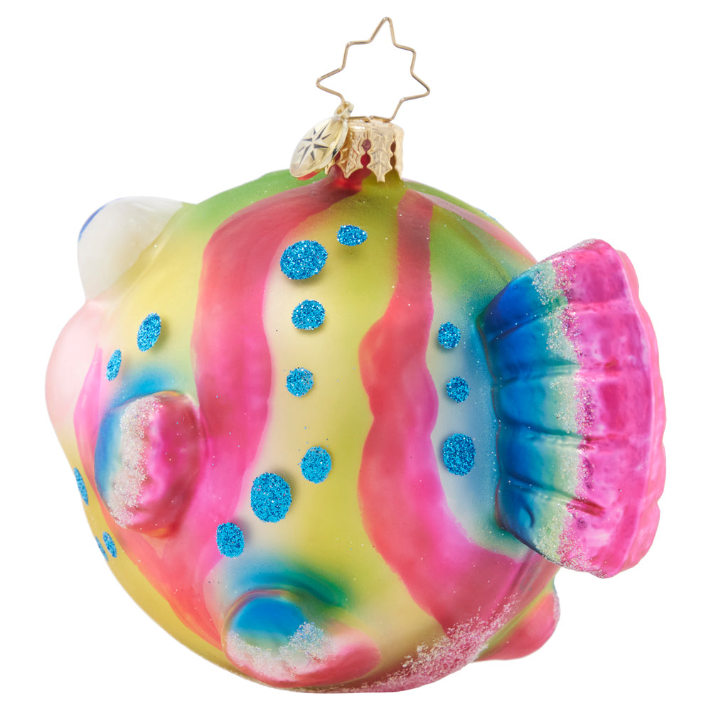 Back View - Onament Description - Playful Puffer: Pucker up, puffer fish! Painted with vibrant sorbet hues, this playful sea creature is sure to spread joy throughout the holiday season.