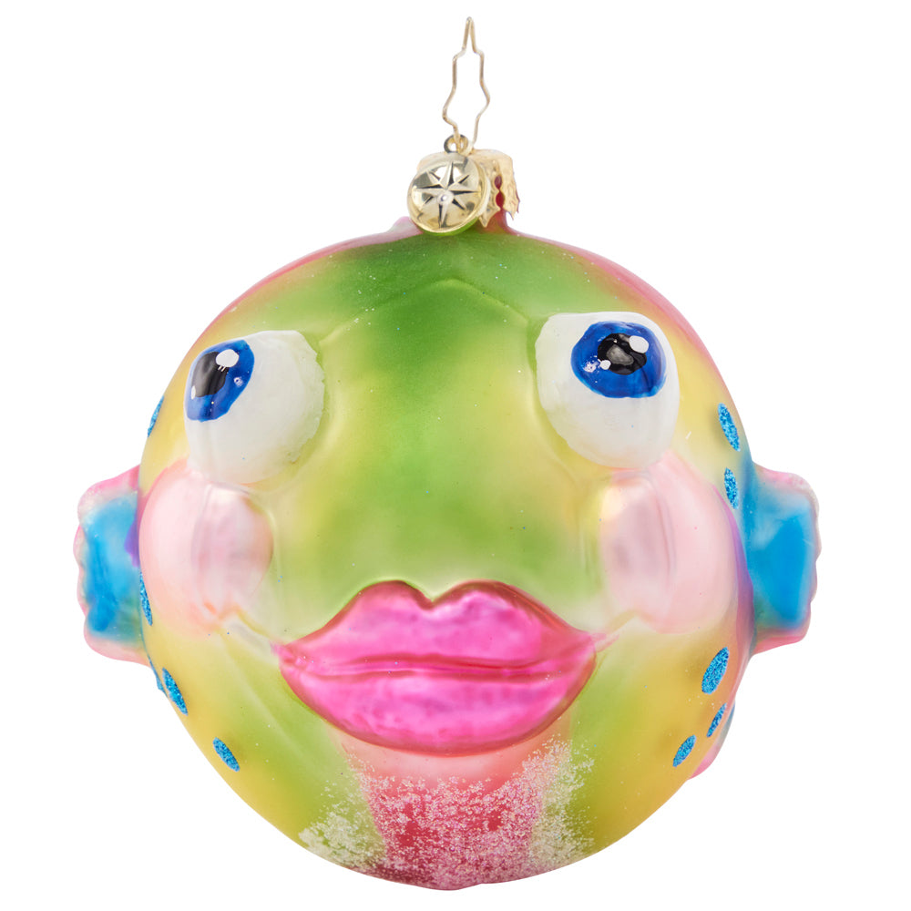 Front - Onament Description - Playful Puffer: Pucker up, puffer fish! Painted with vibrant sorbet hues, this playful sea creature is sure to spread joy throughout the holiday season.