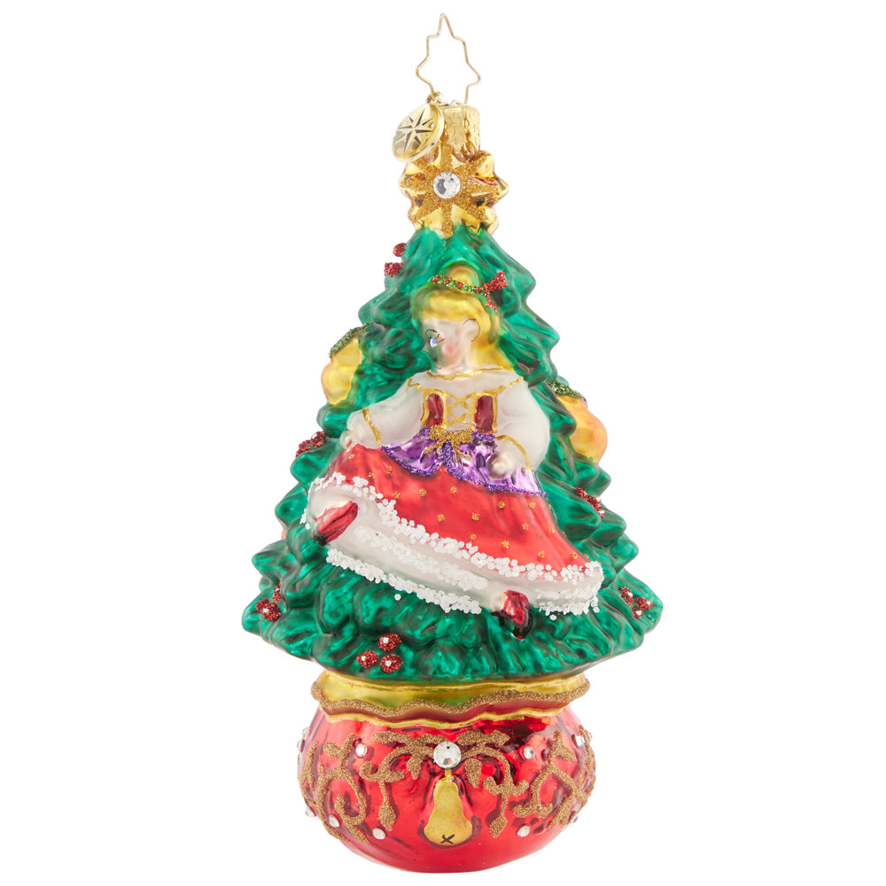 Back - Ornament Description - Dancing Delight: A dancing lady bounds across one side of the tree, while a pair beautiful bow-tied ballet slippers adorn the other. Celebrate musical magic with this intricate ornament.