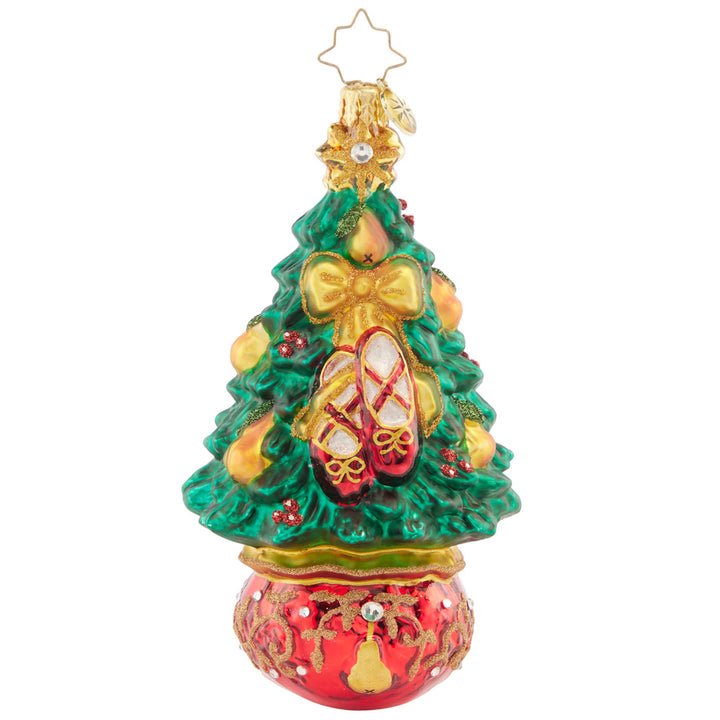 Front - Ornament Description - Dancing Delight: A dancing lady bounds across one side of the tree, while a pair beautiful bow-tied ballet slippers adorn the other. Celebrate musical magic with this intricate ornament.