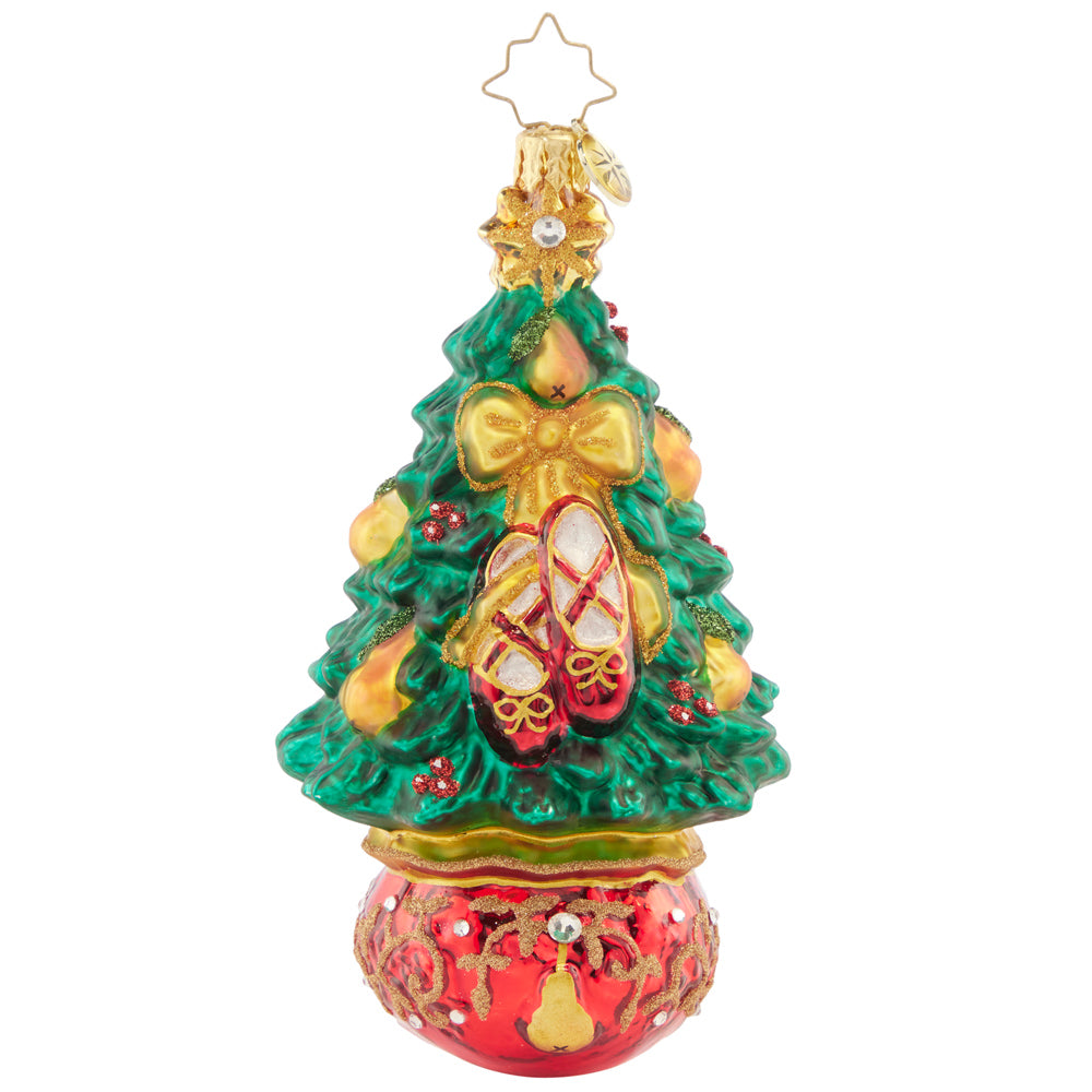 Front - Ornament Description - Dancing Delight: A dancing lady bounds across one side of the tree, while a pair beautiful bow-tied ballet slippers adorn the other. Celebrate musical magic with this intricate ornament.