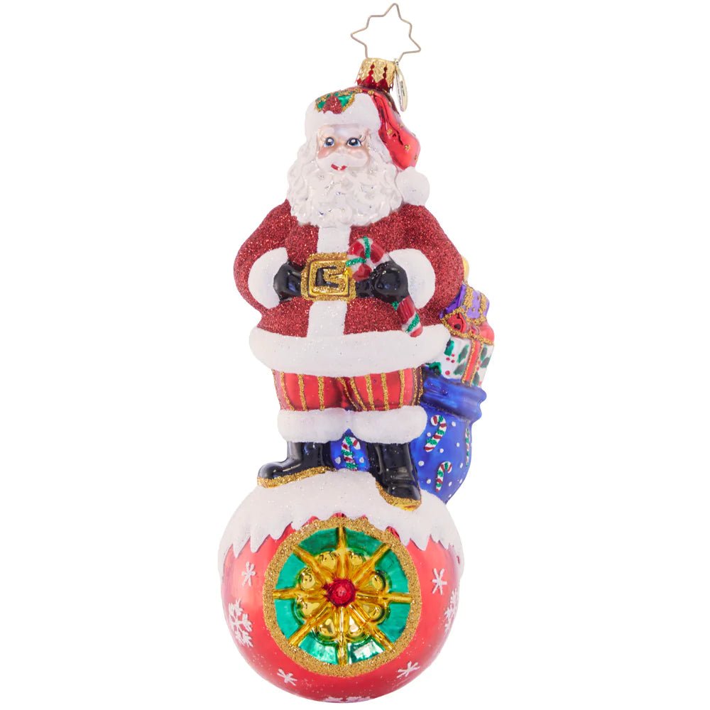 Front - Ornament Description - On Top of it Santa: With his bustling, busy holiday schedule, Santa must be on the ball when delivering his gifts. Not to worry, though, he's been doing this for a long time!