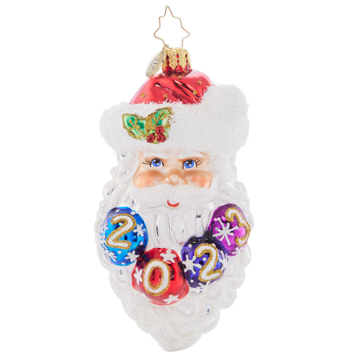 Front - Ornament Description - Ho-Ho-Happy New Year: Santa has some beautiful Christmas baubles nestled in his snow-white beard – they spell out 2023, celebrating good cheer throughout the year!