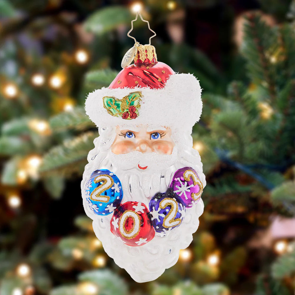 Ornament Description - Ho-Ho-Happy New Year: Santa has some beautiful Christmas baubles nestled in his snow-white beard – they spell out 2023, celebrating good cheer throughout the year!