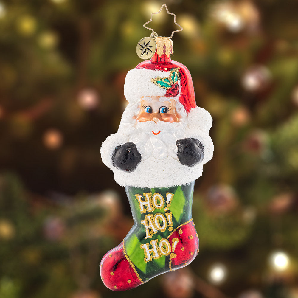 Ornament Description - Stocking Stuffed Santa: Surprise! This Santa-stuffed stocking is the most perfect gift of all. Decorated with green argyle and Santa's signature jolly laugh, this ornament is sure to bring joy to your tree this year.