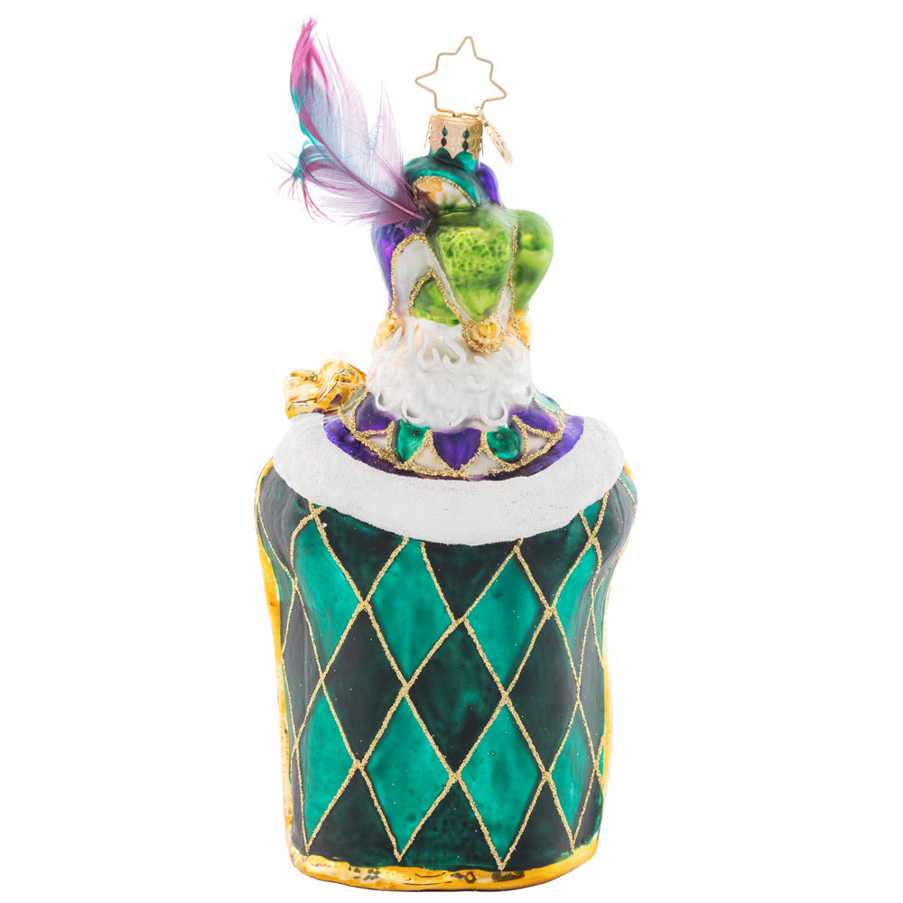 Back - Ornament Description - Mardi Gras Claus: Santa is donning his festive feathered hat and traditonal Fleur de Lis, celebrating Christmas with a magical Mardi Gras flair.