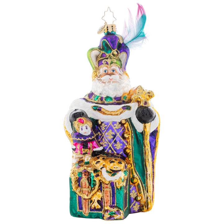 Front - Ornament Description - Mardi Gras Claus: Santa is donning his festive feathered hat and traditonal Fleur de Lis, celebrating Christmas with a magical Mardi Gras flair.