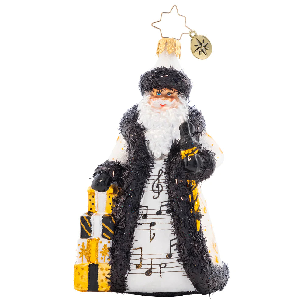 Front - Ornament Description - Musical Merriment Santa: In a unique black-and-white coat embellished with musical notes, this sweet-sounding Santa marches to the beat of his own drum.