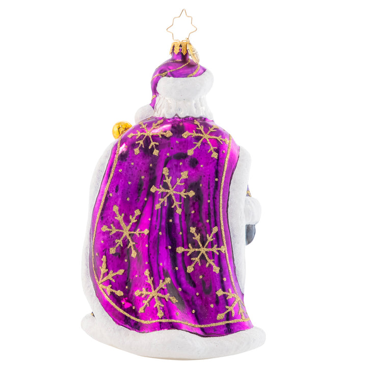 Back - Ornament Description - A Vision in Purple: Dressed head-to-toe in vibrant violet robes, this stunning Santa Claus brings an opulent elegance to your Christmas tree.