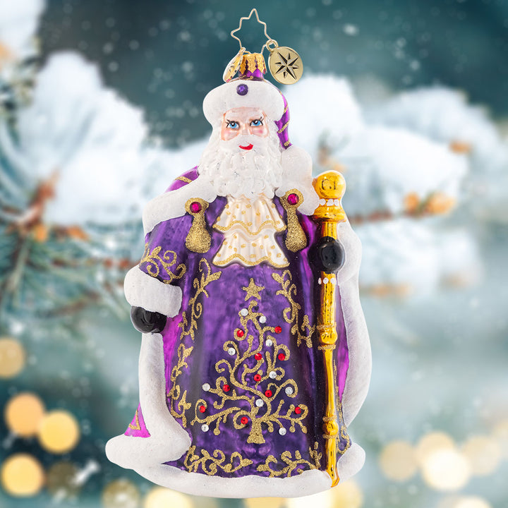 Ornament Description - A Vision in Purple: Dressed head-to-toe in vibrant violet robes, this stunning Santa Claus brings an opulent elegance to your Christmas tree.