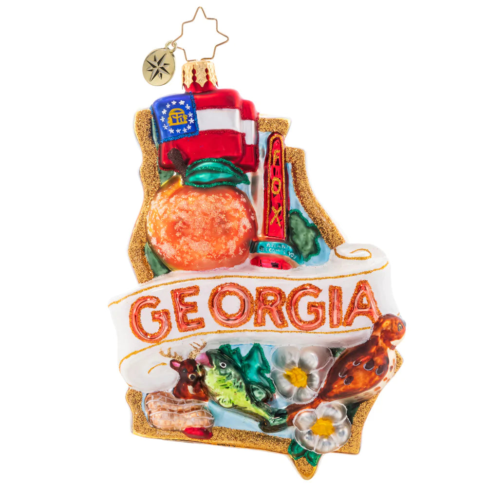 Front - Ornament Description - Southern Charm: Decorated with all of the wonderful things the great state of Georgia has to offer, this ornament is proudly peachy-keen! Celebrate your southern roots with this charming piece.