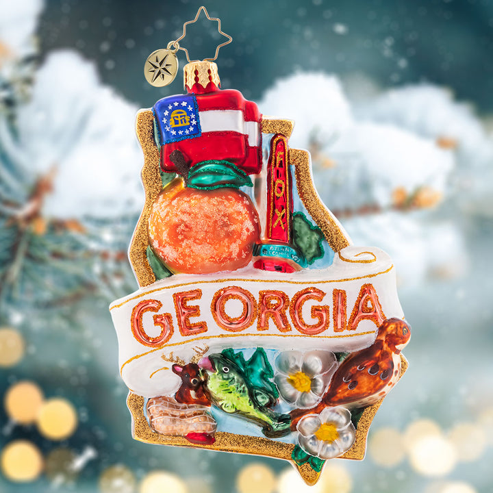 Ornament Description - Southern Charm: Decorated with all of the wonderful things the great state of Georgia has to offer, this ornament is proudly peachy-keen! Celebrate your southern roots with this charming piece.