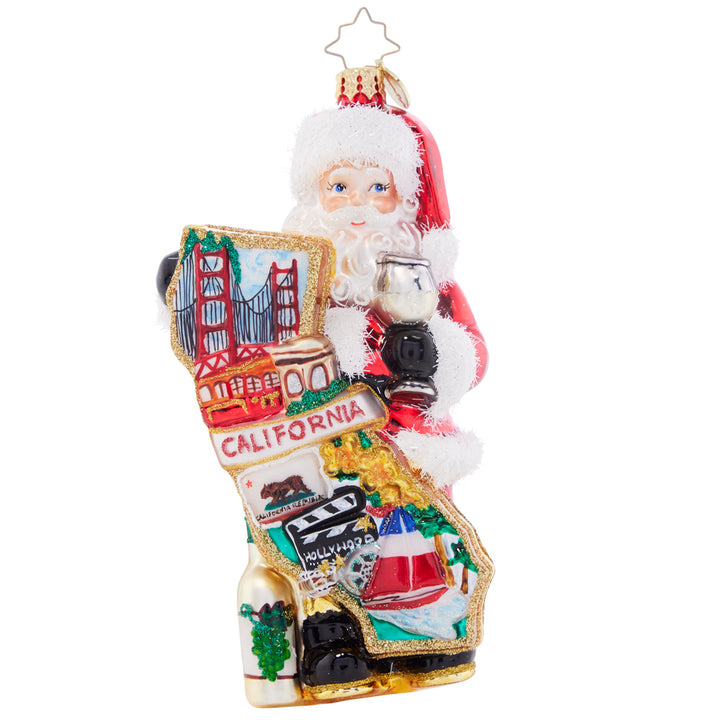 Front - Ornament Description - Cali Claus: Santa is ready for some surf and sun. He's going to the Golden State this winter and he'll have lots of fun! Welcome a bit of West Coast flair to your tree with this commemorative ornament.