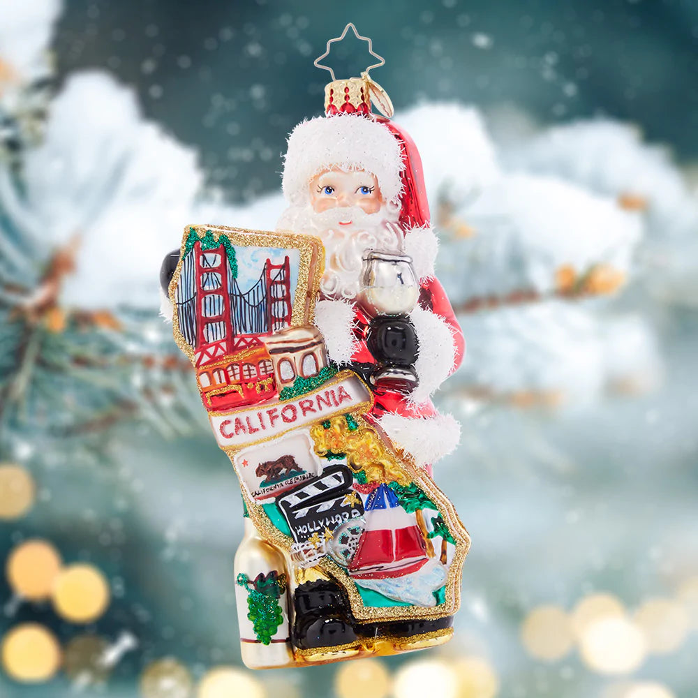 Ornament Description - Cali Claus: Santa is ready for some surf and sun. He's going to the Golden State this winter and he'll have lots of fun! Welcome a bit of West Coast flair to your tree with this commemorative ornament.