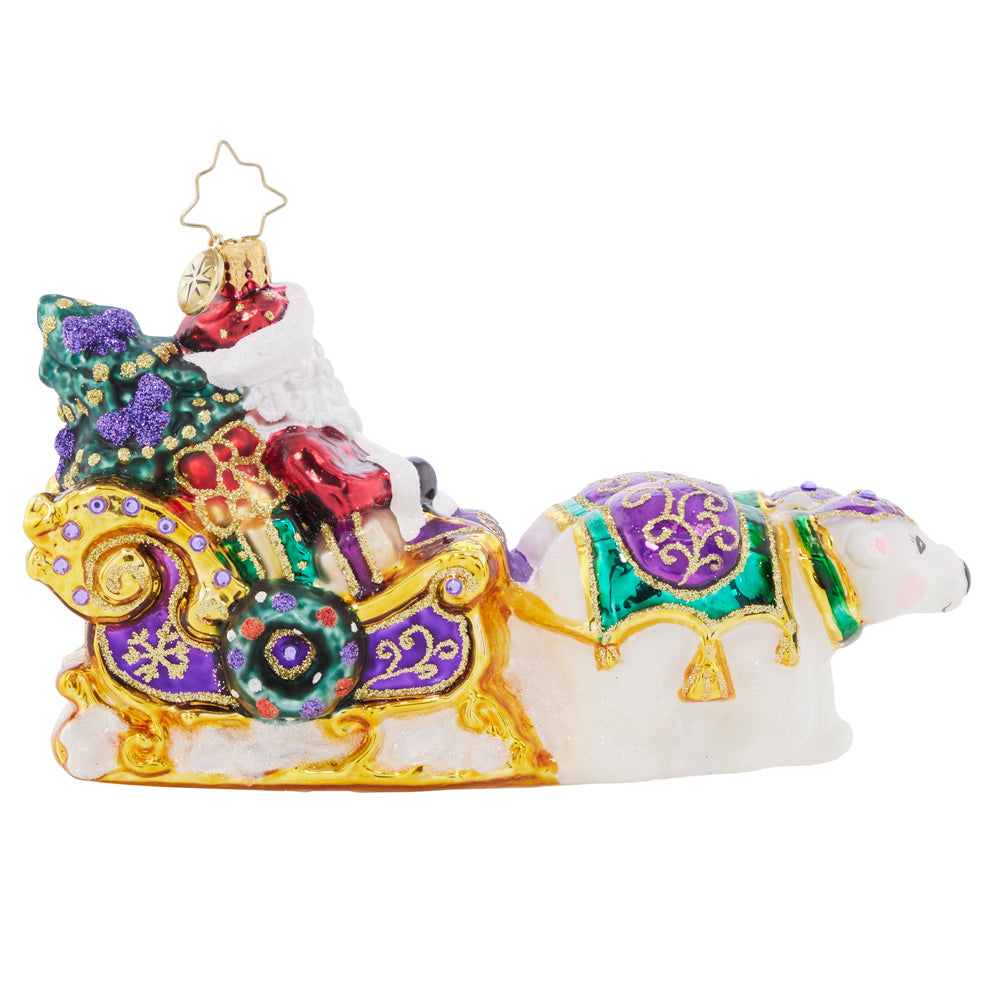 Back - Ornament Description - Polar Pals Sleigh Ride: Although Santa takes to the skies with his team of reindeer, he relies on his polar bear pals to assist with ground transportation! Santa is surely speedy in his gilded Christmas sleigh. 