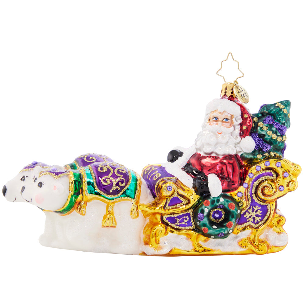 Front - Ornament Description - Polar Pals Sleigh Ride: Although Santa takes to the skies with his team of reindeer, he relies on his polar bear pals to assist with ground transportation! Santa is surely speedy in his gilded Christmas sleigh.