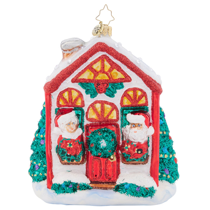 Front - Ornament Description - Santa's Holiday Home: After a winter whirlwind of delivering Christmas gifts, Santa is ready to relax at home for the remainder of the holiday season. Him and Mrs. Claus are nice and cozy in their cheerful cottage.