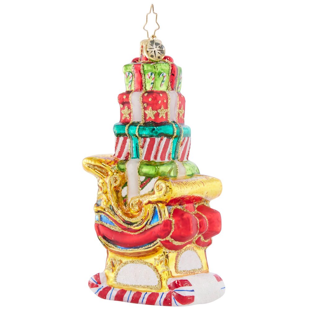 Front - Ornament Description - Piled-High Sleigh: Look at that perfectly-stacked plethora of presents! This super-stocked sleigh is ready to save Christmas day, ensuring that Santa can get all of the gifts delivered swiftly around the world.