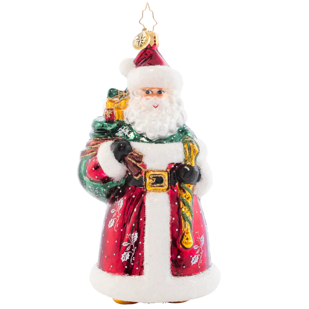 Front - Ornament Description - Brant's Brilliant Santa: In a traditional red robe speckled with snowflakes and holly, this Santa is just like his designer, Brant Moll- Keeping it classic, but with a hint of flair!