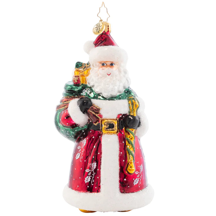 Front - Ornament Description - Brant's Brilliant Santa: In a traditional red robe speckled with snowflakes and holly, this Santa is just like his designer, Brant Moll- Keeping it classic, but with a hint of flair!