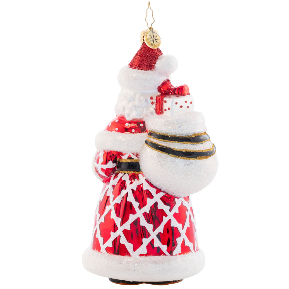 Back - Ornament Description - Jeff's Jolly Gentleman: Jolly as ever just like Jeff Clark himself, this stylish Santa ornament is stunning in a crimson patterned coat.