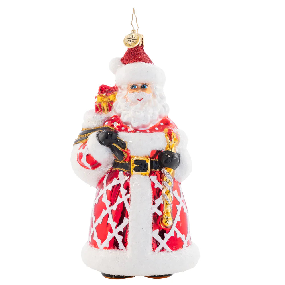 Front - Ornament Description - Jeff's Jolly Gentleman: Jolly as ever just like Jeff Clark himself, this stylish Santa ornament is stunning in a crimson patterned coat.