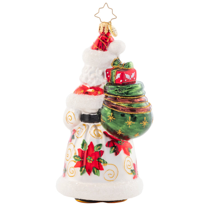 Back - Ornament Description - Mara's Merry Claus: Poinsettias pop against Santa's sumptuous snow-white robe on this darling ornament, designed by our very own sales team member, Mara Kalnins.