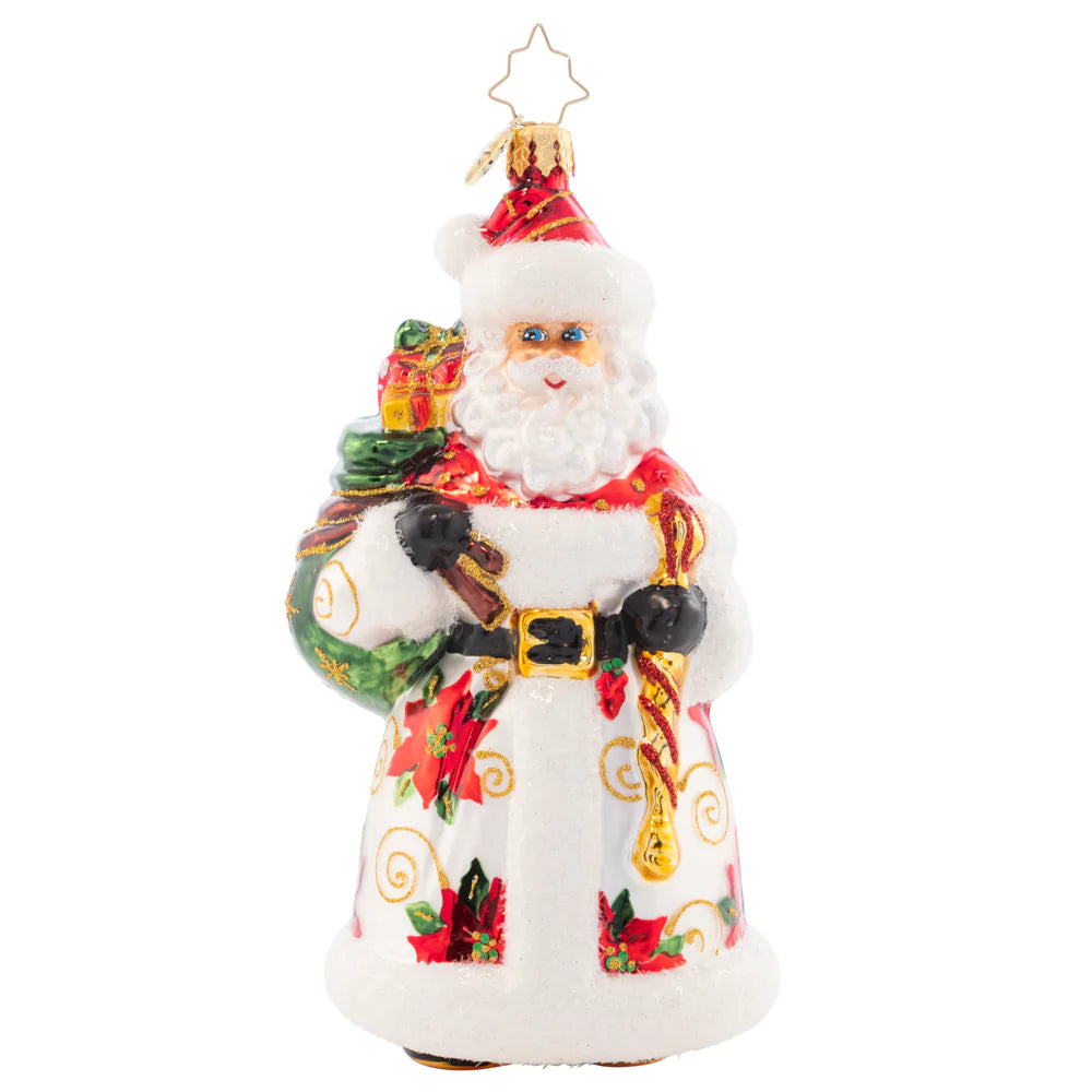 Front - Ornament Description - Mara's Merry Claus: Poinsettias pop against Santa's sumptuous snow-white robe on this darling ornament, designed by our very own sales team member, Mara Kalnins.