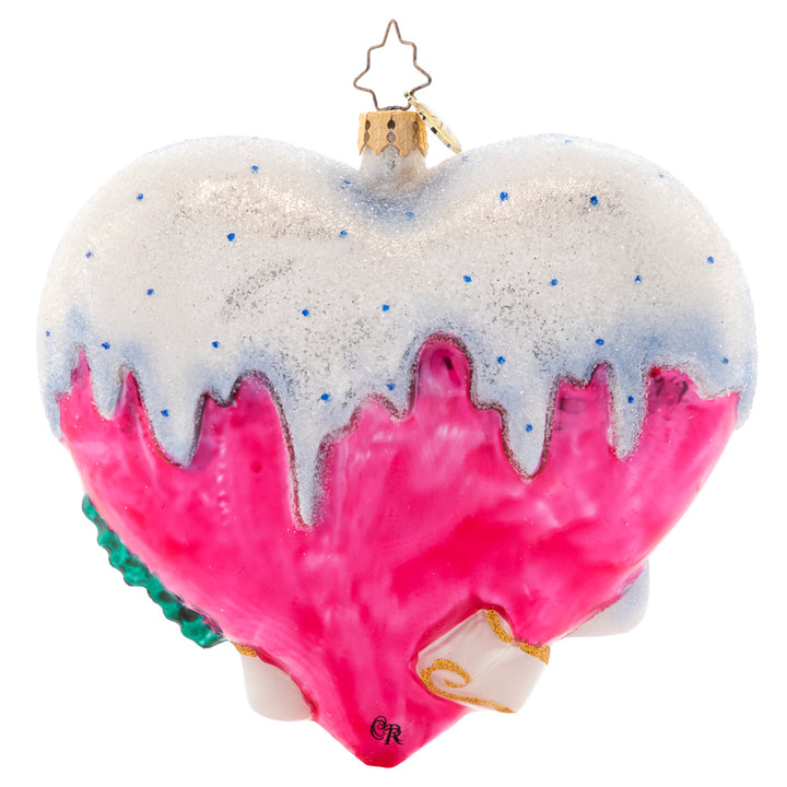 Back - Ornament Description - Forever And Always: Love is in the air! Adorning the second piece in our Ornament of the Month collection, two snowy sweethearts exchange love letters, valuing each other's company this Valentine's Day.