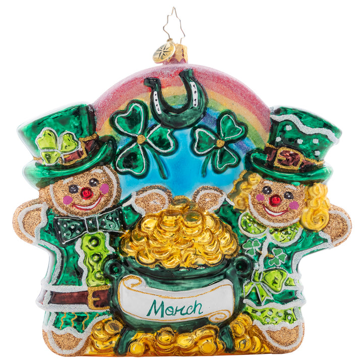 Front - Ornament Description - Sweet Pot of Gold: These wee little gingerbread cookies cheers to the Luck O' the Irish! The third piece in our Ornament of the Month collection is perfect for St. Patty's Day.
