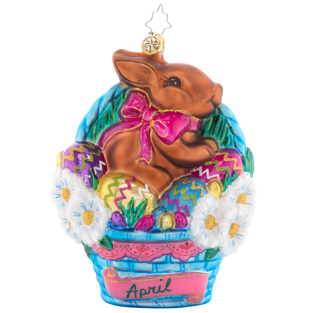 Front - Ornament Description - Happy Easter: The fourth piece in our Ornament of the Month collection will have you hippity-hopping for joy! A blushing bunny has leapt into an Easter basket, joining the hunt for candy-filled eggs.