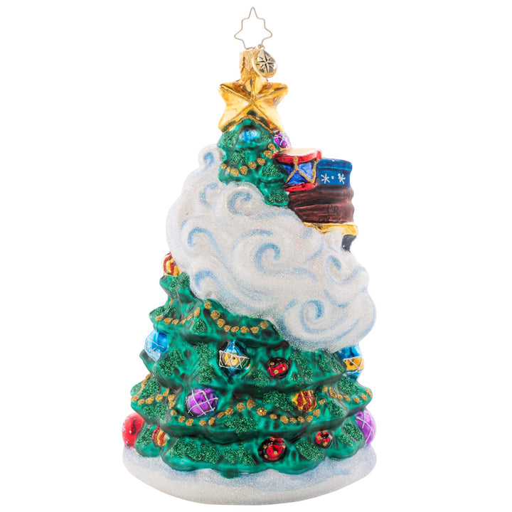 Back - Ornament Description - December Decadence: What a wonderous time of the year! Christmas is finally here, and Santa touches down on the trimmed tree to deliver presents just in time. The final piece of our Ornament of the Month collection celebrates the magic of Christmas!