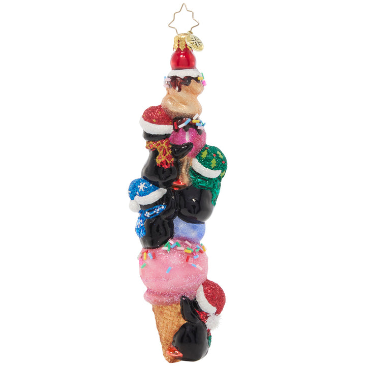 Back - Ornament Description - 2023 Scoops: I scream, you scream, we all scream for ice cream! Four playful penguins pile atop this delectable dated cone. It looks like 2023 will be a pretty sweet year!