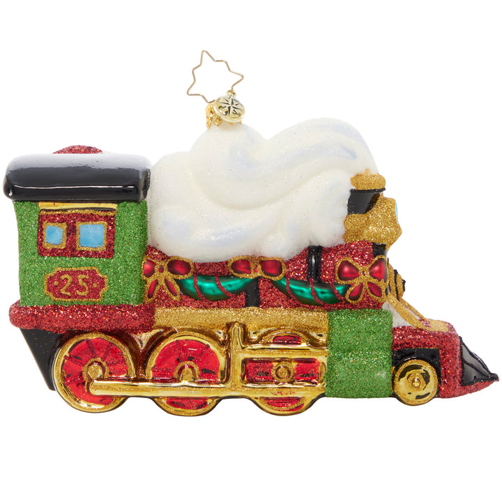 Back - Ornament Description - Steaming Towards Christmas: Full steam ahead! Christmas is almost here and Santa has no time to waste. He's taking a speedy train to get there in haste!
