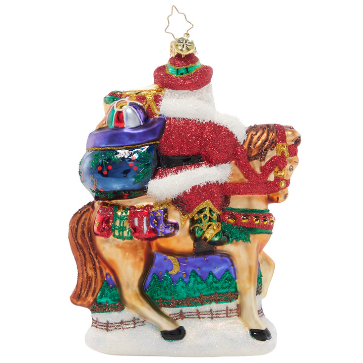 Back - Ornament Description - Wild West Samta: Saddle up, Santa! Atop his trusty steed, Wild West Santa is galloping to the dude ranch for Christmas. He's looking forward to kicking up his boots and relaxing by the camp fire.