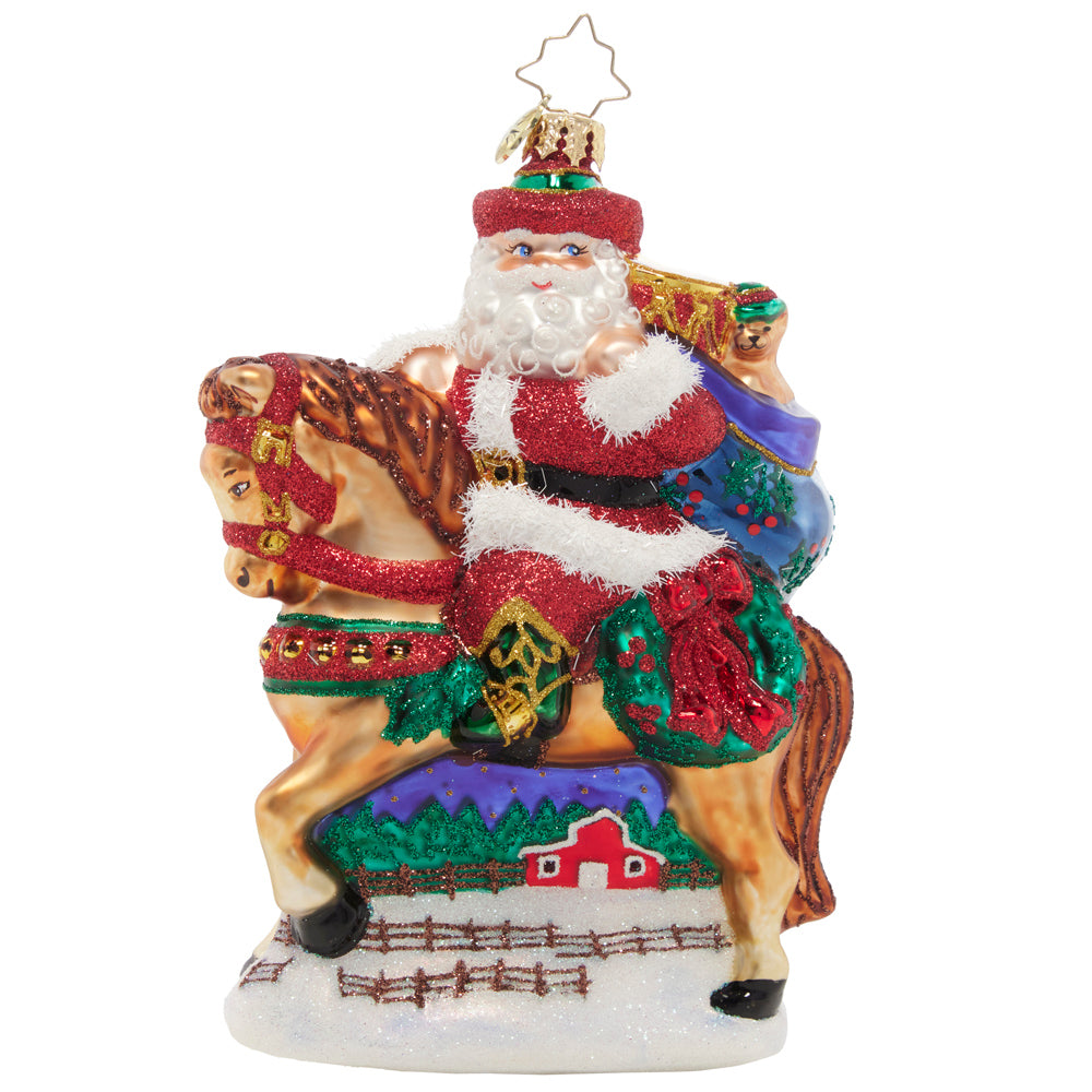 Ornament Description - Wild West Samta: Saddle up, Santa! Atop his trusty steed, Wild West Santa is galloping to the dude ranch for Christmas. He's looking forward to kicking up his boots and relaxing by the camp fire.