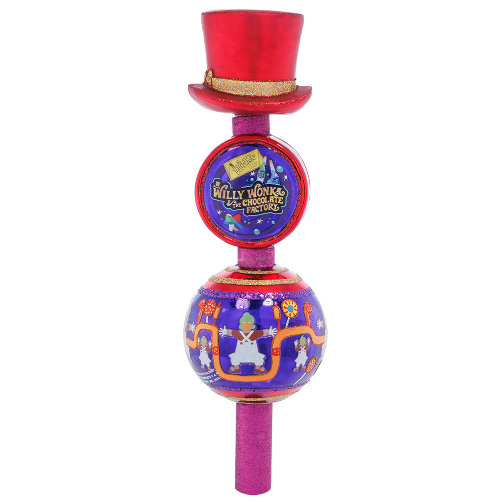 Front - Christmas Finial Description - Wonka's Golden Ticket Topper: This whimsical Willy Wonka finial is inspired by the chocolate-filled film that is beloved by many. A unique piece decorated with dancing Oompa Loompas, colorful candies, and the coveted Golden Ticket, this tasty tree topper transports us to Wonka’s world. You can just imagine little Charlie Bucket looking up his Christmas tree and seeing Wonka's hat tipped ever so jauntily, stirring up all kinds of hopes, dreams, wonder and chocolate!
