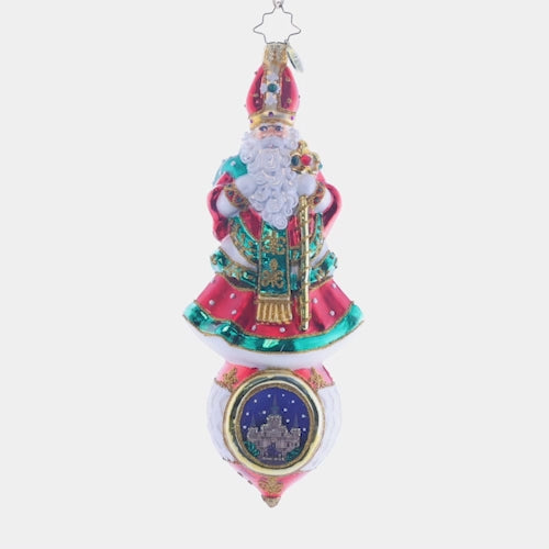 Video - Ornament Description - Stately Saint Nicholas: Honor the kind and generous spirit of Saint Nicholas with this intricately decorated saintly statuette, bearing a papal hat, scepter, and holy red robe. This video shows the ornament spinning slowly. 