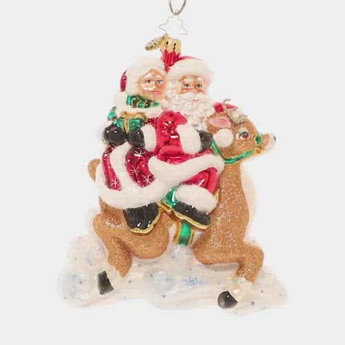 Video - Ornament Description - A Reindeer Built for Two: Room for one more! Mrs. Claus tags along on a ride with Santa and his spirited reindeer steed.