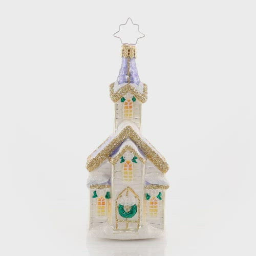 Video - Ornament Description - Peaceful Place of Prayers: Snow begins to fall just as the village church opens its doors for Christmas Eve service. Family and friends gather for prayer and celebration of the season-- it may be snowing outside, but inside this tiny chapel it is warm in more ways than one. This video shows the ornament spinning slowly.