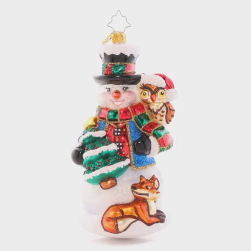 Video - Ornament Description - Woodland Friend Snowman: Sprinkled with fresh snow and surrounded by his best woodland friends, this snowman is bringing some holiday festivity to the wintry forest. This video shows the ornament spinning slowly. 