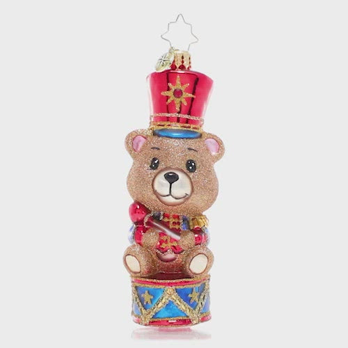 Video - Ornament Description - Tiny Teddy Drummer Boy: A-rum-pum-pum-pum! This adorable little drummer bear sits upon his drum, ready to play his way into your heart. This video shows the ornament spinning slowly. 