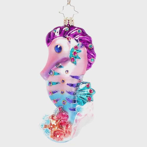 Video - Ornament Description - Jewels of the Sea: Bring the beach home with this colorful and bubbly seahorse ornament! Painted in tropical brights and shimmering glitter accents, this tiny sea creature adds the sparkle of the shore to your Christmas tree. This video shows the ornament slowly spinning. 